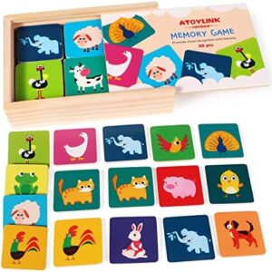 Toyssa 30pcs Wooden Memory Games for Kids 2 3 4 Years Cute Animal Matching Cards Educational Learning Toys Preschool Toddler Memory ​Games for Children Boys Girls