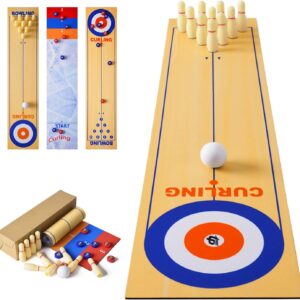 3 in 1 Table Top Shuffleboard Pucks and Bowling Ball and Curling Games, Mini Tabletop Game with 8 Rollers, Portable Tabletop Family Game for Indoor Outdoor