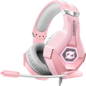 Ozeino Gaming Headset with Microphone 3D Surround Sound Headset with Noise Cancelling RGB Lights Pink