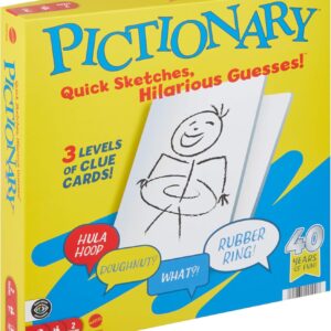 Mattel Games Pictionary Family Board Game for Kids, Adults and Game Night for 2 Teams with Erasable Markers, Boards and Sand Timer, JDX96