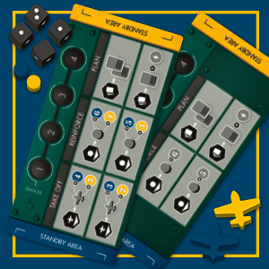 Six-sided dice, wooden tokens and plane meeple around two player boards