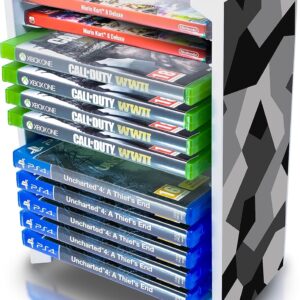 ADZ Game Storage Tower – Camo Universal Games Storage Tower – Stores 12 Game or Blu-Ray Disks – Game Tower Rack for PS4, PS5, Xbox One, Xbox Series X/S, Switch Games and Blu-Ray Cases