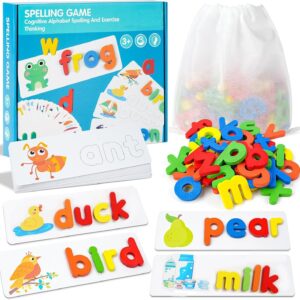 Semazz Spelling Games,Wooden Spelling Games 26 English Early Education Cognition Word Spelling Exercise Alphabet Puzzle Game with Sight Words & Flash Cards Toy Set for Preschool Kids Boys Girls Gift
