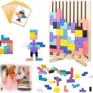 Gonggi Wooden Stacking Puzzle Blocks, 3D Brain Teaser Game for Kids & Adults, Stress Relief Colourful Intelligence Building Toy with 10 Challenge Cards, Fun Family Activity, for All Ages