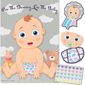 Baby Shower Game – Pin The Dummy On The Baby – 35 Player – Blindfold, Winner Prize and XL Poster included for fun boy, girl, neutral/unisex baby shower party – baby shower games modern classic