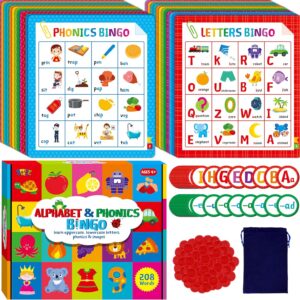 Alphabet & Phonics Bingo Game, 12 Bingo Boards ABC Letters, CVC Blends Words Phonetic Game, Letters Phonetic Awareness Early Educational Learning Toys - Ages 4 and up, Perfect for Classroom & At Home