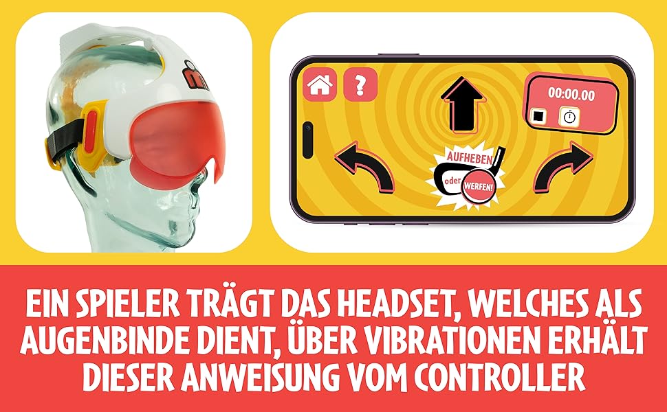 Text reads 'EIN SPIELER TRÄGT DAS HEADSET, WELCHES ALS AUGENBINDE DIENT. ÜBER VIBRATIONEN ERHÄLT DIESER ANWEISUNG VOM CONTROLLER.' Gaming instruction diagram showing headset and directional arrows.