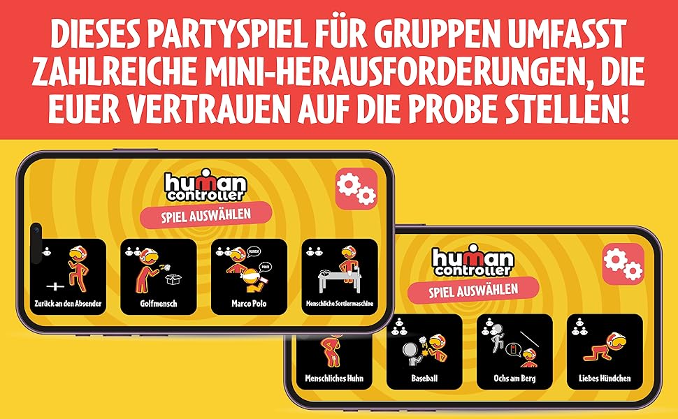 Text in German reads 'ZAHLREICHE MINI-HERAUSFORDERUNGEN, DIE EUER VERTRAUEN AUF DIE PROBE STELLEN.' Against red background with interface-style icons.